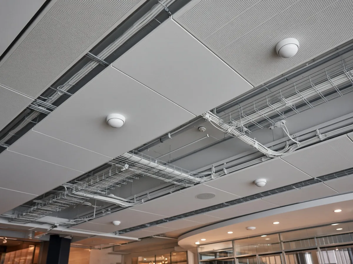 Ceiling-mounted DAS antennas and cable runs above a food court