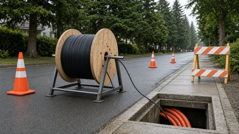 Fibre optic cable reel on a reel stand feeding cable into a curbside handhole on a residential street