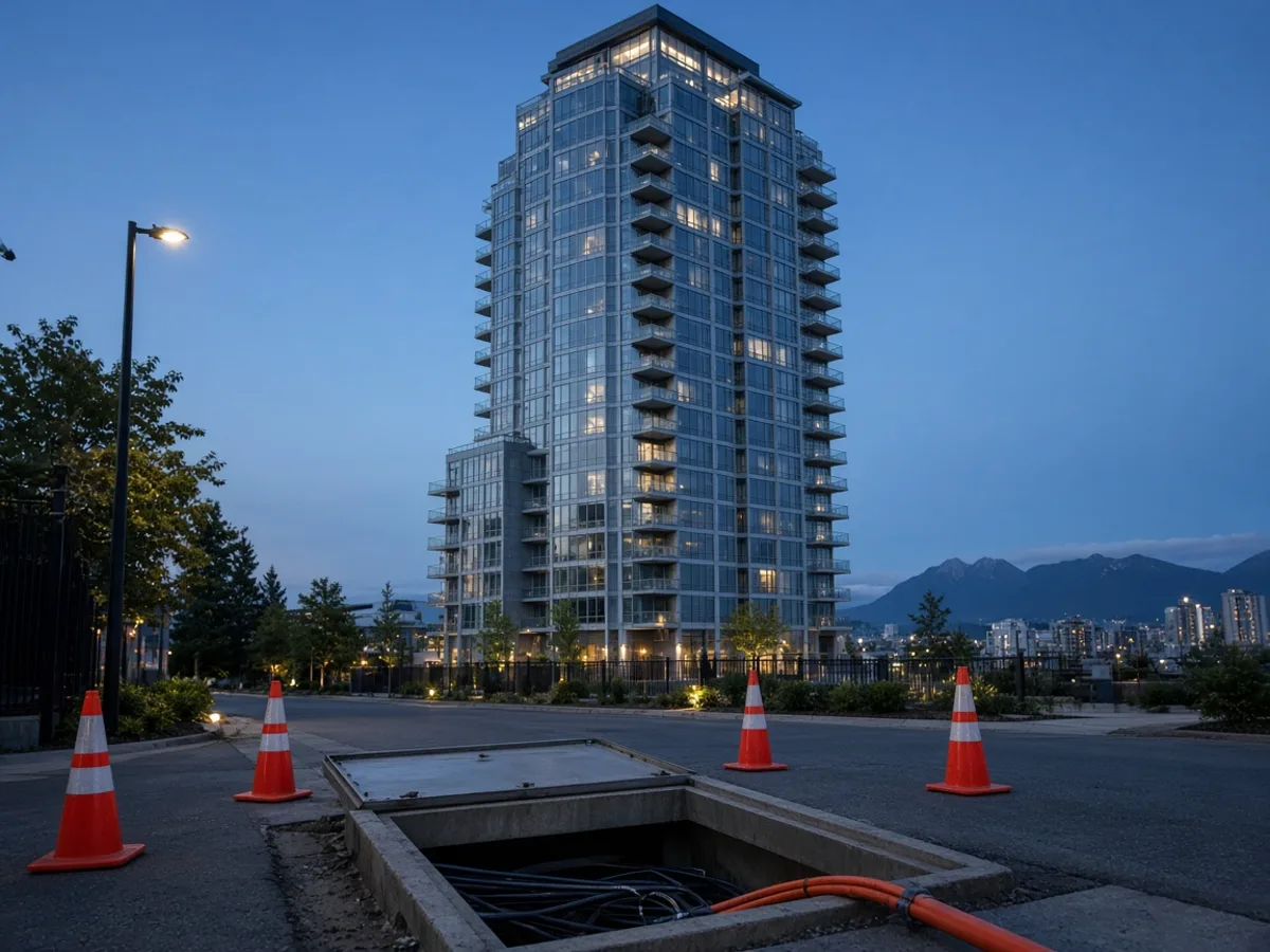 High-rise residential tower with a street fibre handhole and conduit entering the building