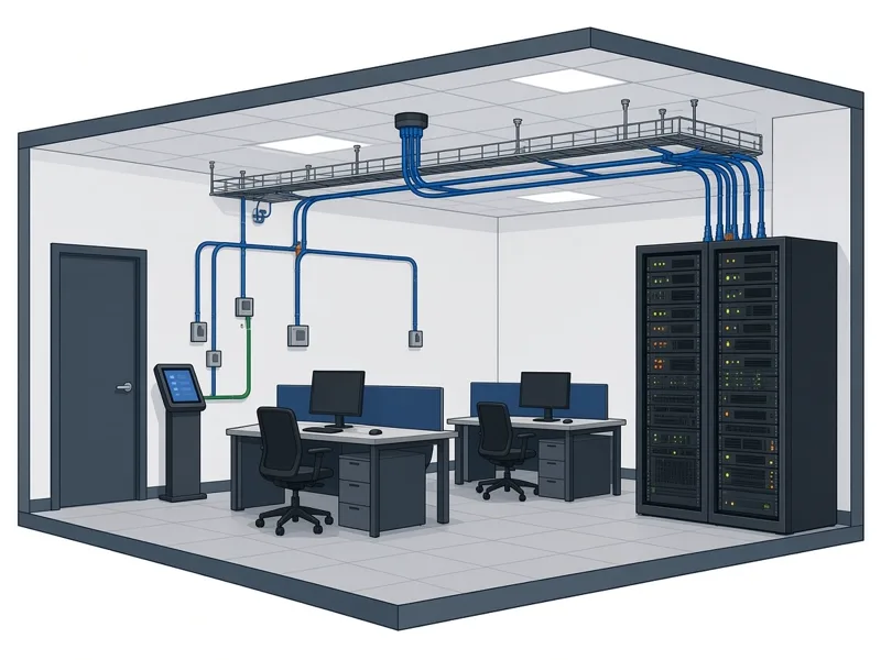 Cutaway illustration of an office: cabling runs from the network rack through an overhead cable tray to wall data outlets, a ceiling access point and a kiosk