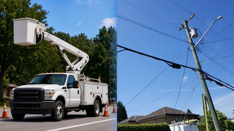 Bucket truck and aerial fibre splice closure on a utility pole