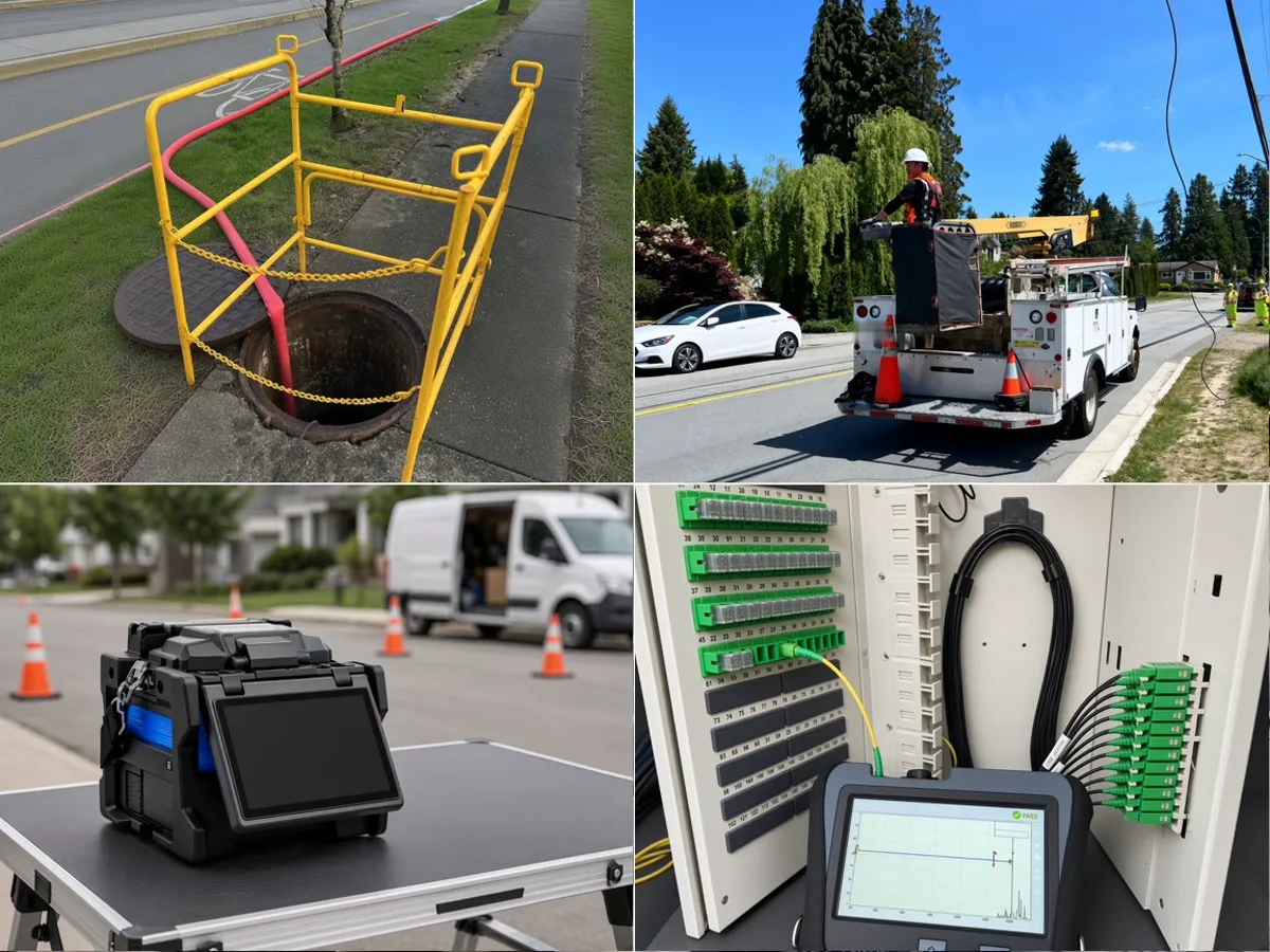 Collage of fibre work: guarded manhole with ventilation hose, bucket truck placing aerial fibre, fusion splicer on a job-site work table, and an OTDR tester showing a passing test at a fibre panel