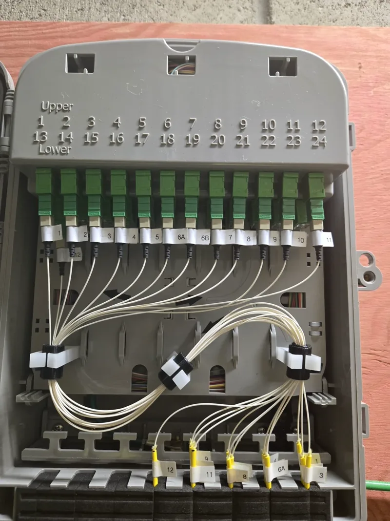 Fibre terminal with labelled SC/APC ports and neatly routed drops