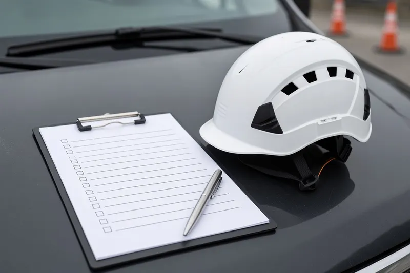 Field level hazard assessment checklist on a clipboard beside a hard hat
