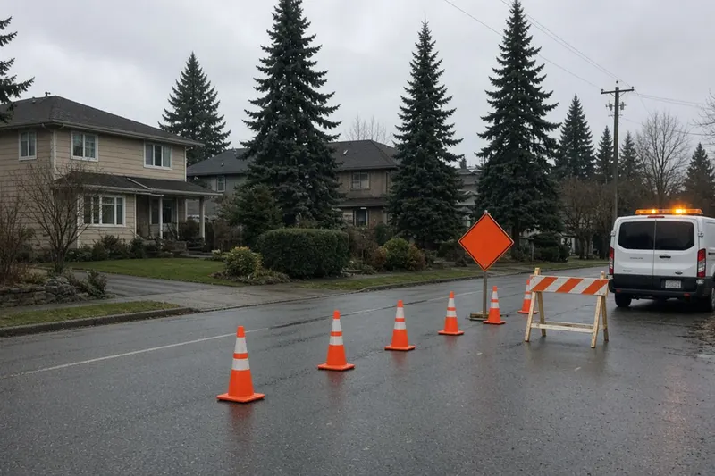 Residential street with one lane coned off for utility work, a striped barricade, a warning sign and a work van