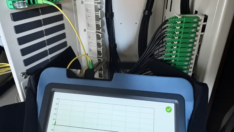 OTDR tester connected to a fibre distribution panel showing a passing test